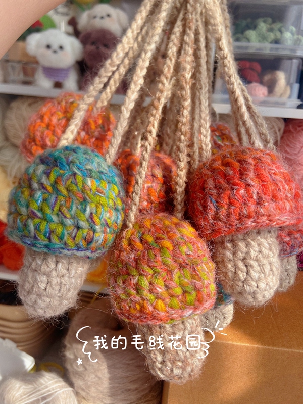 Finished Crochet Mushroom Items in Vintage Hand-Mixed Yarn, Colorful Poisonous Mushrooms Finished Crochet Mushroom Items in Vintage Hand-Mixed Yarn, Colorful Poisonous Mushrooms