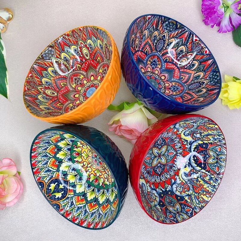 Bohemian Style Popular Household Large Noodle Bowl, Mixed-Use for Eating Noodles and Snail Noodles, Special Underglaze Color Tableware mm