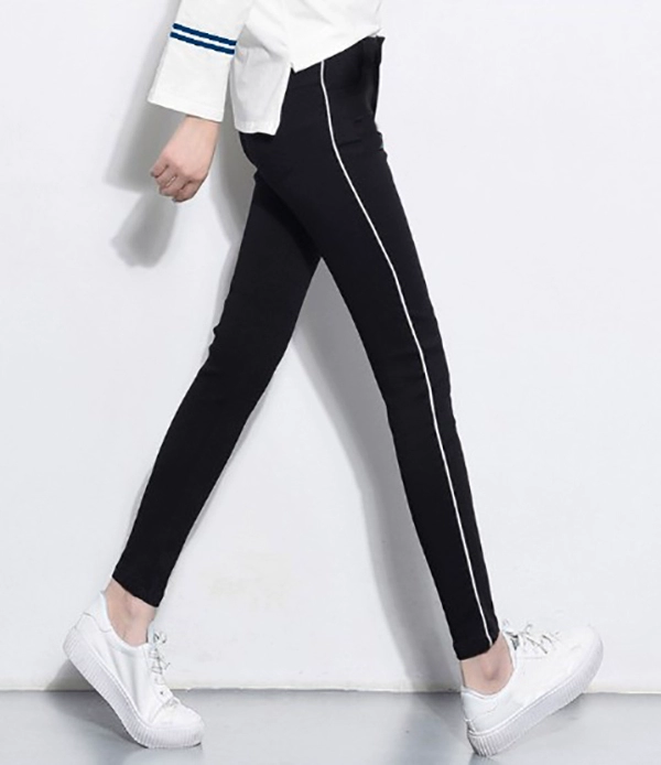 Mùa xuân và mùa thu dày quần legging thể thao màu trắng sọc dọc kéo dài dệt kim cotton đen chân chín quần