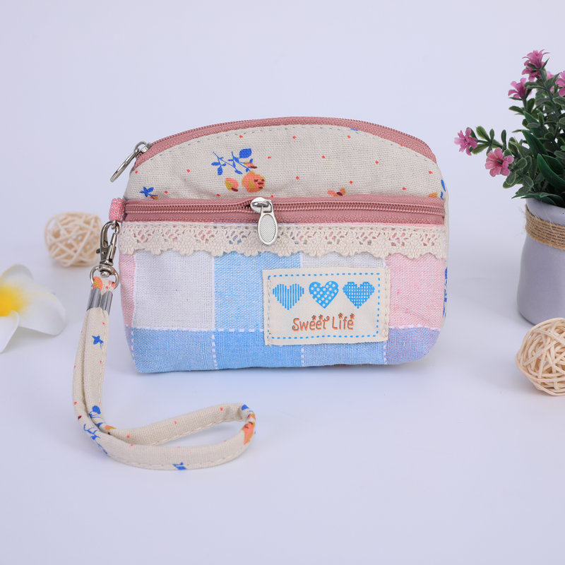 Coin purse female Japan and South Korea mini double zipper small wallet Key bag simple cotton linen card bag Hand-held coin bag