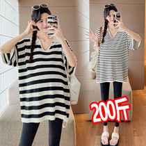 Plus size pregnant women summer thin short-sleeved T-shirt womens loose fashion striped V-neck knitted top mid-length 200 pounds