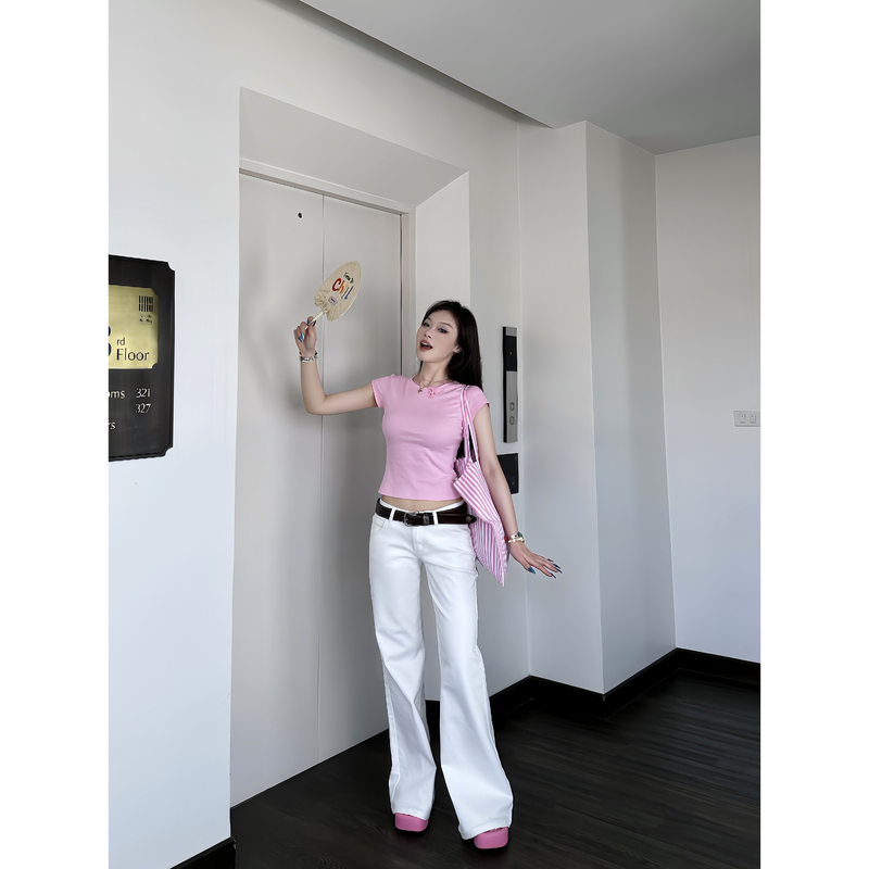 Original Popchee|Super White Cow|Low-Waisted Wide-Leg Jeans with Stretch That Don'T Get Stuck in the Crotch~ Slimming and Figure-Flattering Original Popchee|Super White Cow|Low-Waisted Wide-Leg Jeans with Stretch That Don'T Get Stuck in the Crotch~ Slimming and Figure-Flattering
