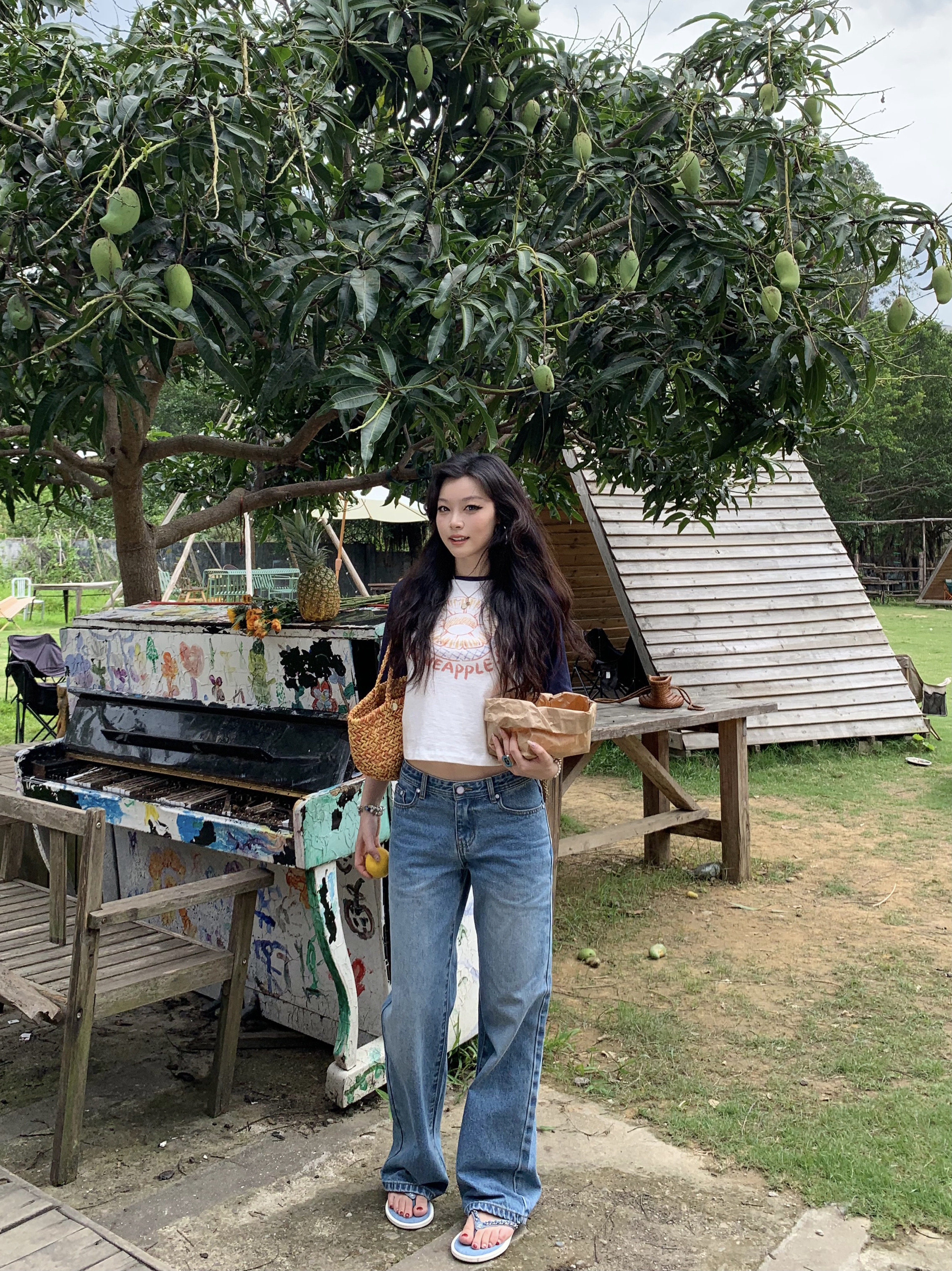 popchee｜Белый нефритовый кошачий глаз｜Голубые широкие джинсы летний бриз - нежные и очень удобные