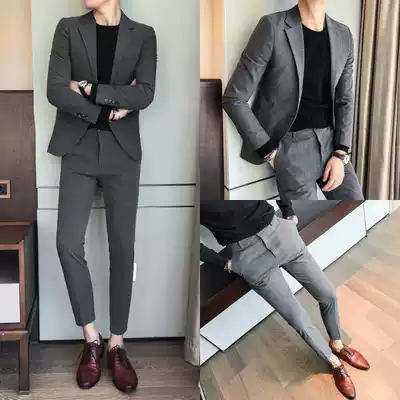 Suit men's suit Korean bridegroom wedding dress youth casual small suit two-piece business formal dress single-breasted buckle