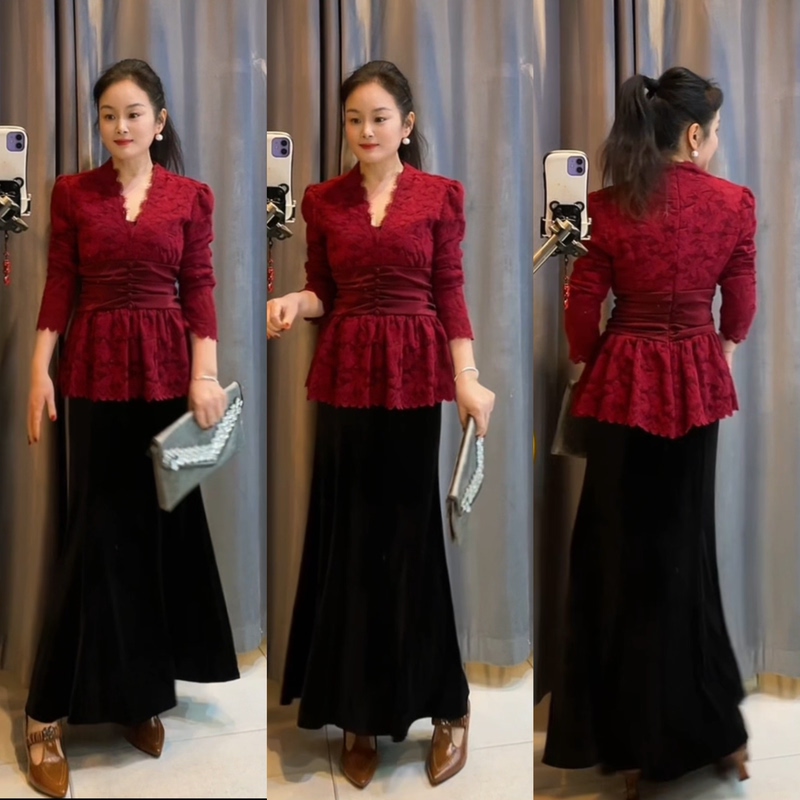 【Xien】12263 Xien Spring Autumn Winter Lace Long Sleeve Slim V-Neck Top T-Shirt Md