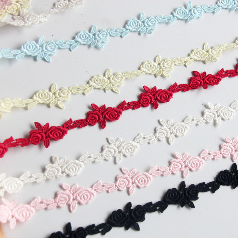 F10 Mercerized Cotton Water-Soluble Embroidery Lace Fine Lace Trim Small Rose Skirt Decoration Clothing DIY Accessories Width 2.7cm