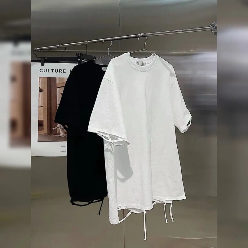Ripped High Street Short-Sleeve Men's Loose-Fitting Pure Cotton White Versatile T-Shirt, Solid Color Summer Undershirt for Layering