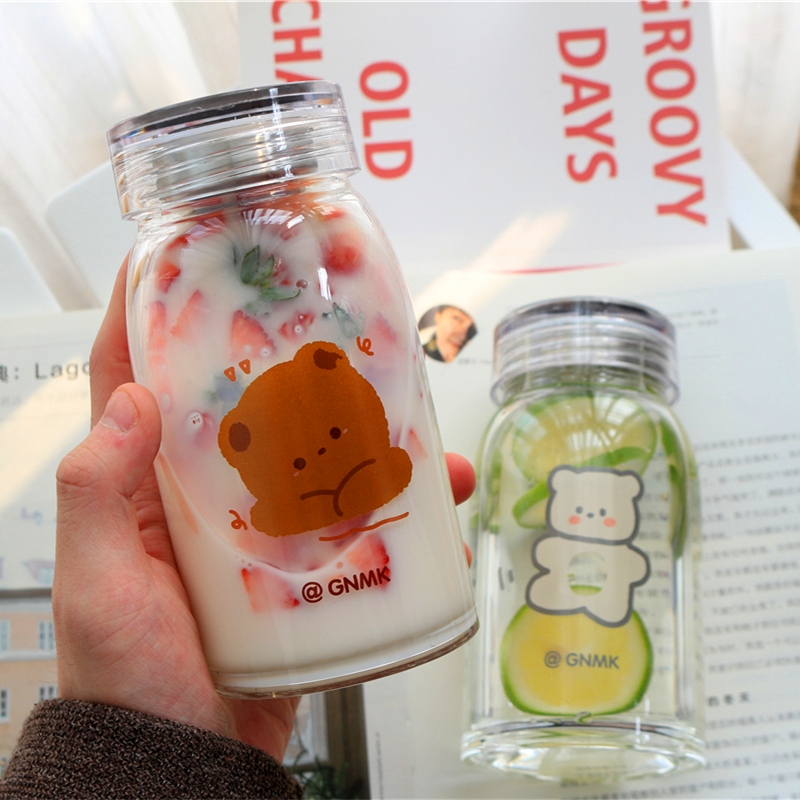 South Korea Fresher Brief Glass Cup Children Cute Students ins Wind with lid Girl Portable Transparent Mesh Red Water Cup