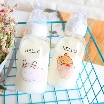 Korean cartoon bottle adult cute portable with lid sip Cup children student Korean glass glass water Cup hipster
