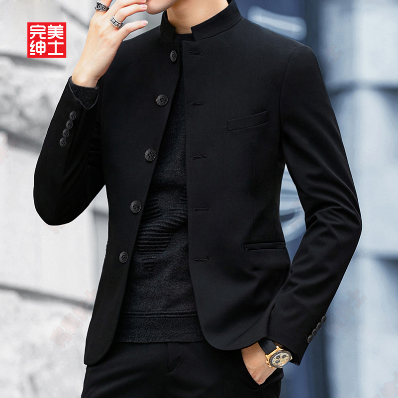 Perfect Gentleman's Zhongshan Suit for Young Men, New Chinese Style Men's Republic of China Stand-Up Collar Suit Jacket, Men's Suit, Large Size Trendy