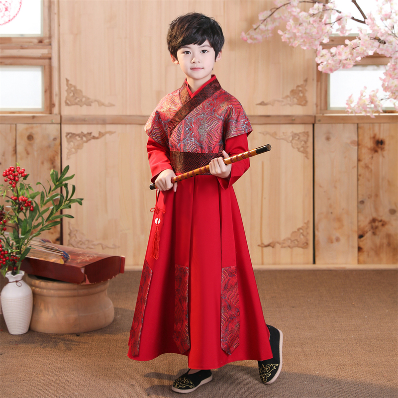 Children's Hanfu for Boys, Spring and Autumn Style, Traditional Wine Red Costume, Chinese Style, Handsome, Suitable for Traditional Chinese Culture Performances, Spring Outfit for Outings