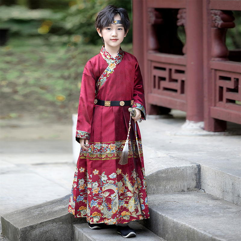 Hanfu for Boys, Spring and Autumn Style, Chinese Traditional Costume, One-Piece Knight Outfit, Pleated Burgundy Ancient Costume for Children, Mid-Autumn Festival Ming Dynasty Style Hanfu for Boys, Spring and Autumn Style, Chinese Traditional Costume, One-Piece Knight Outfit, Pleated Burgundy Ancient Costume for Children, Mid-Autumn Festival Ming Dynasty Style
