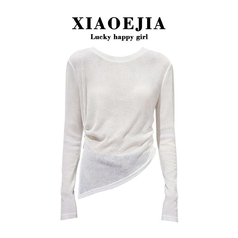 Xiaoejia2026 Spring Versatile Drawstring Round Neck Cover-Up Knitted Hollow Out See-Through Casual Long Sleeve T-Shirt Loose Fit for Women