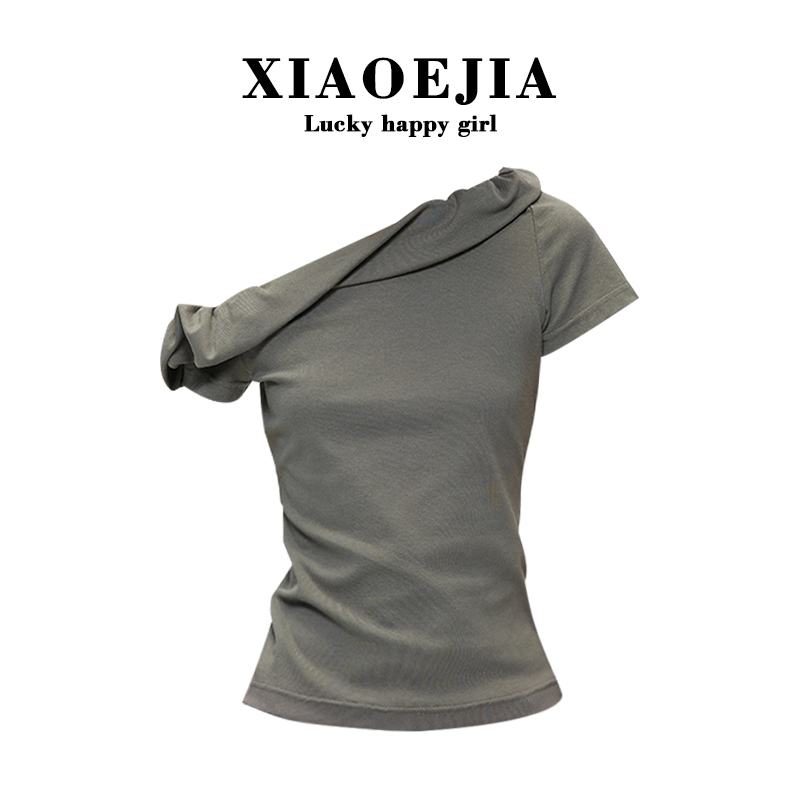 Xiaoejia Design-Inspired Rolled-Edge, Off-Shoulder, Slim-Fit Short T-Shirt Top