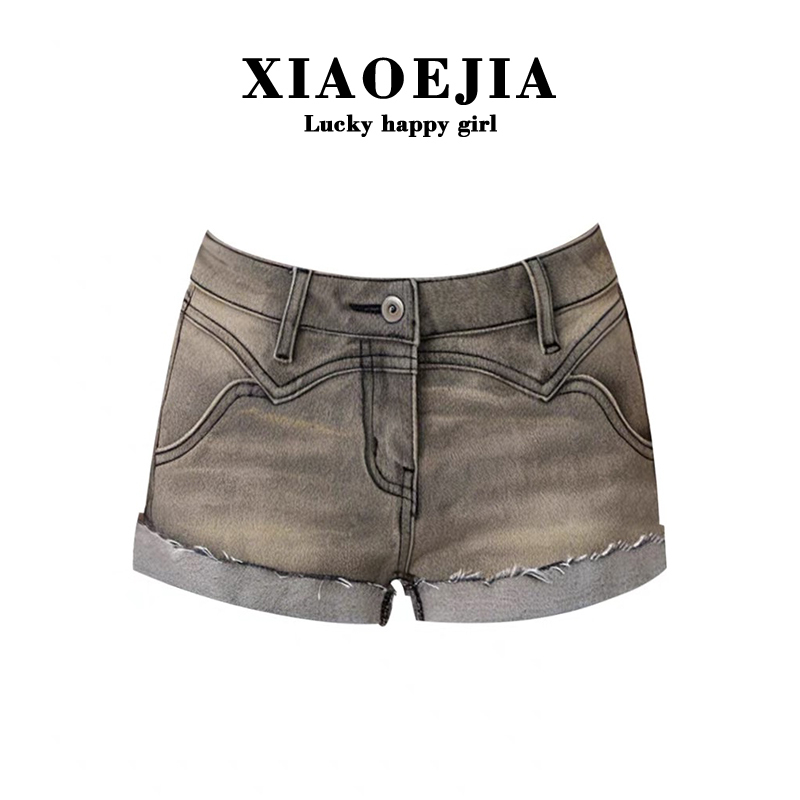Xiaoejia Quick-Cut Long-Leg Denim Shorts with Triple Washing Process and Double-Layered Cuffed Vintage Distressed Design