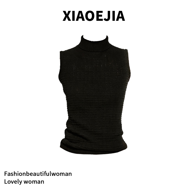 Xiaoejia Slim Fit, Straight Shoulder, Retro Foldable High-Neck Knitted Vest