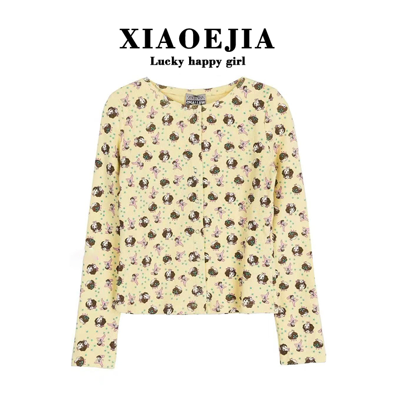 Xiaoejia Tender Yellow and White Little Girl's Printed Waffle Cardigan Short Jacket Xiaoejia Tender Yellow and White Little Girl's Printed Waffle Cardigan Short Jacket