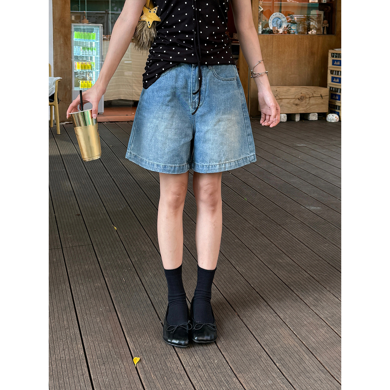 【Tomato】Vintage High-Waisted Wide-Leg Pants, Quarter-Length Denim Shorts, Loose Wide-Leg Mid-Length Pants