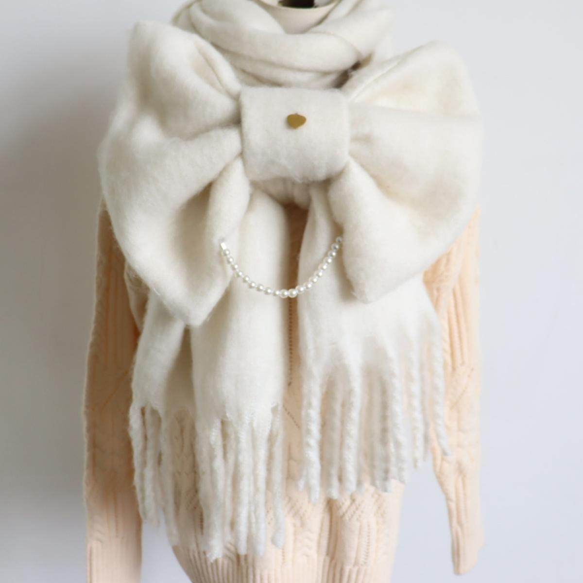 Scarf with bow, no need to tie, solid color, versatile, cute, sweet, thick, plain white, pink, pearl chain, heart, girly