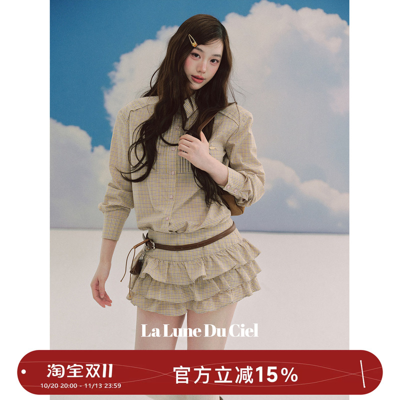 Welfare Item [Same Style as Celebrities] Laluneduciel Fashionable Preppy Plaid Shirt and Puffy Skirt