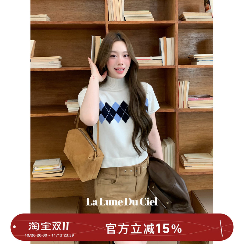 【Laluneduciel】Ivy League College Korean-Style Retro Diamond Pattern Half-High Collar Short-Sleeved Knit Top for Women