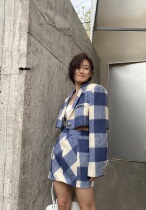 (La lune Du Ciel) LLDC imported super soft wool salt blue and white grid high-waisted skirt