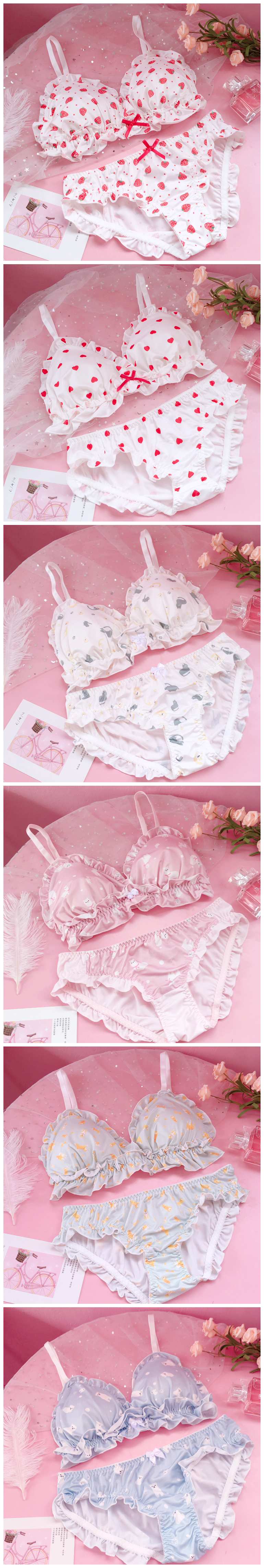 Trái tim tuổi teen Đồ lót Nhật Bản Cô gái mềm mại Bộ đồ lót dâu tây nhỏ dễ thương Cup Tam giác Không thép Ring Bra Set ao lot