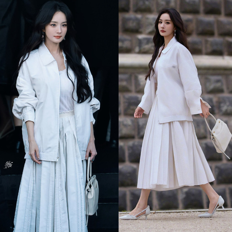 Yang Mi's Same Style White Jacket, Women's Mid-Length, 2025 Spring New Fashion, This Year's Popular European Style Workwear Zipper Cardigan