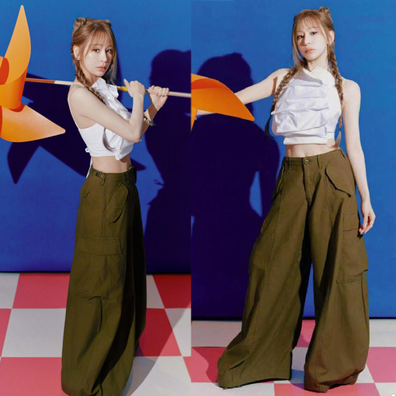 Cyndi Wang Style Army Green Work Pants, Low-Waist Lantern Pants, Loose and Relaxed Casual Harem Long Pants for Women Cyndi Wang Style Army Green Work Pants, Low-Waist Lantern Pants, Loose and Relaxed Casual Harem Long Pants for Women