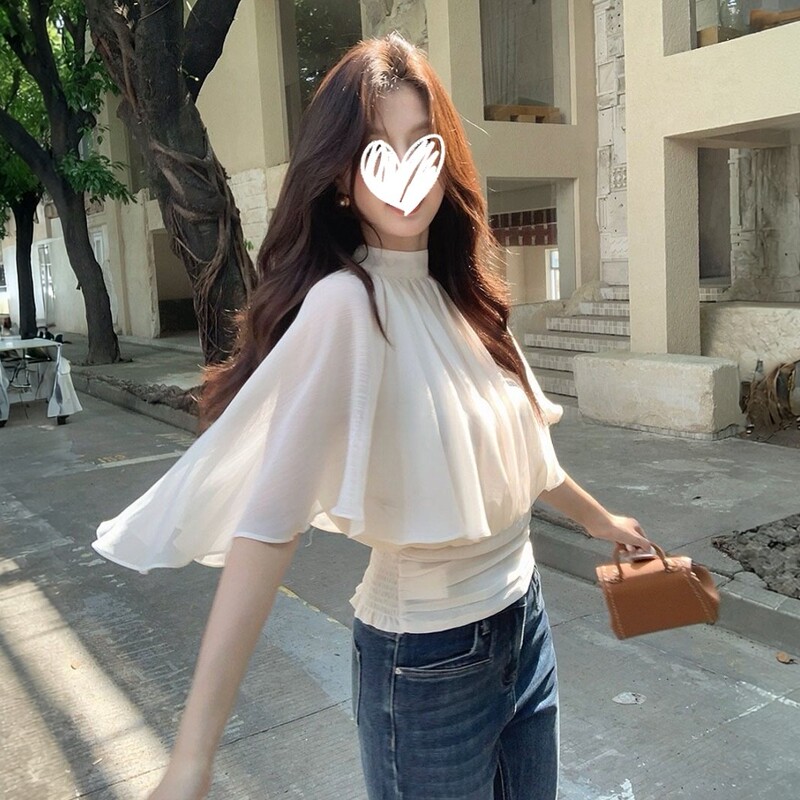 French-Style Gentle and Elegant Round-Neck Cape Chiffon Blouse for Women with Batwing Sleeves, Unique and Stylish, Waist-Cinching and Slimming Top for Summer French-Style Gentle and Elegant Round-Neck Cape Chiffon Blouse for Women with Batwing Sleeves, Unique and Stylish, Waist-Cinching and Slimming Top for Summer