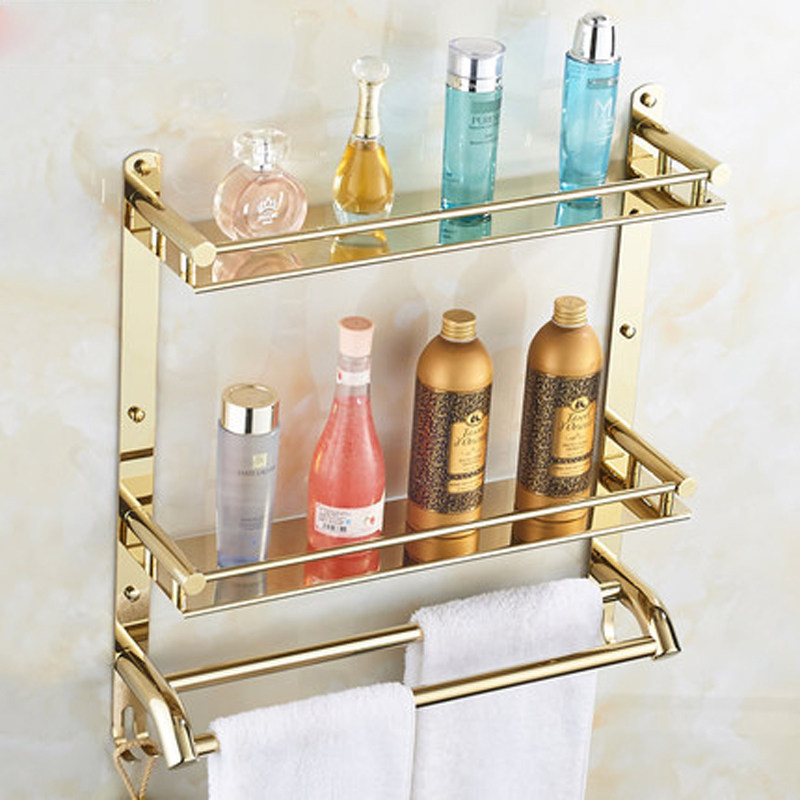Eurostyle Golden Bathroom Shelve Hair Towel Rack Makeup Room Stainless Steel Single Layer Multifunction Bath Towel Rack Wall-mounted