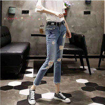 Korean high-waisted jeans womens 2021 spring and summer thin stretch wild pencil pants Slim-cut hole nine-point small feet