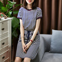 Dress womens summer 2021 new loose casual waist thin pure cotton breathable round neck short sleeve striped midi dress