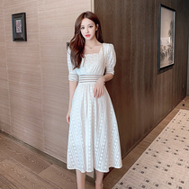 Europe station 2021 summer French breathable clear cutout white dress loose thin mid-length short-sleeved skirt