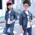 2019 trẻ em mùa thu 5 cô gái denim phù hợp với 6 phiên bản Hàn Quốc của cô gái nhỏ tay dài giản dị hai mảnh thời trang đại dương váy đầm trẻ em 13 tuổi Phù hợp với trẻ em