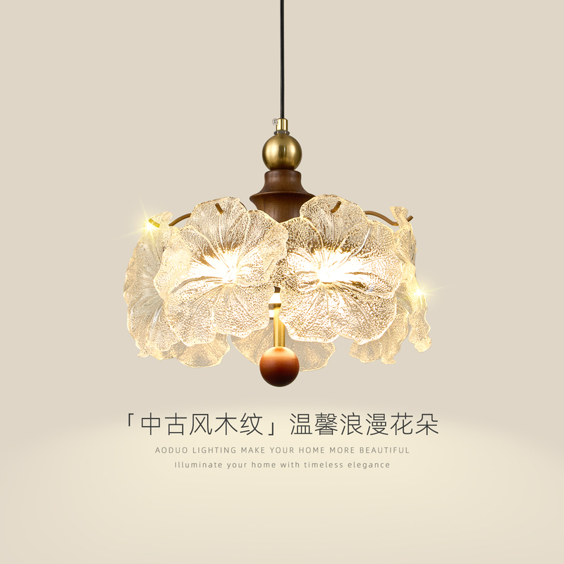French-Style Vintage Bedroom Bedside Chandelier, Light Luxury Crystal Glass Flower-Shaped Pendant Light for Living Room Sofa Side Ambiance Lighting