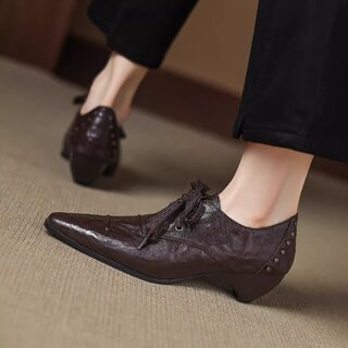 British Style Sheepskin Lace-Up Leather Shoes for Women 2025 New Genuine Leather Pointed Toe Single Shoes Thick Heel Ankle Boots Loafers