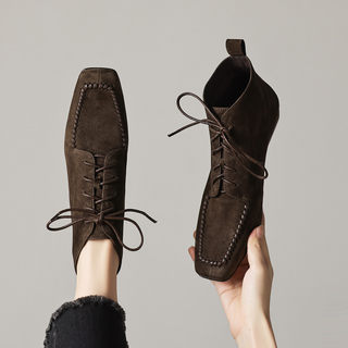 2025 Autumn and Winter British Style Suede Lace-Up Chelsea Women's Square-Toe Low-Heel Comfortable Martin Boots Suede Short Boots