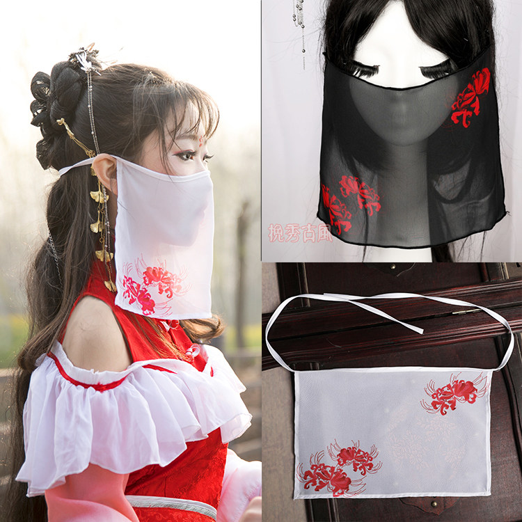 Banxiu ancient style veil digital printing on the other side flower red and white Hanfu accessories cover the face semi-transparent and elegant tie fairy