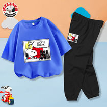 Sanubi childrens sports suit boy summer clothing T-shirt anti-mosquito pants summer short sleeve pure cotton boy two sets