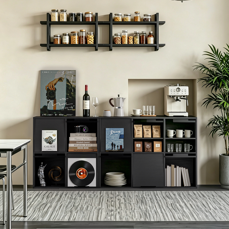 Black Banana Wood Solid Wood Vintage Bookcase with Flip-Up Doors, Combination Storage Cabinet, Floor-Standing Grid Cabinet, Home Picture Book Storage Cabinet Black Banana Wood Solid Wood Vintage Bookcase with Flip-Up Doors, Combination Storage Cabinet, Floor-Standing Grid Cabinet, Home Picture Book Storage Cabinet