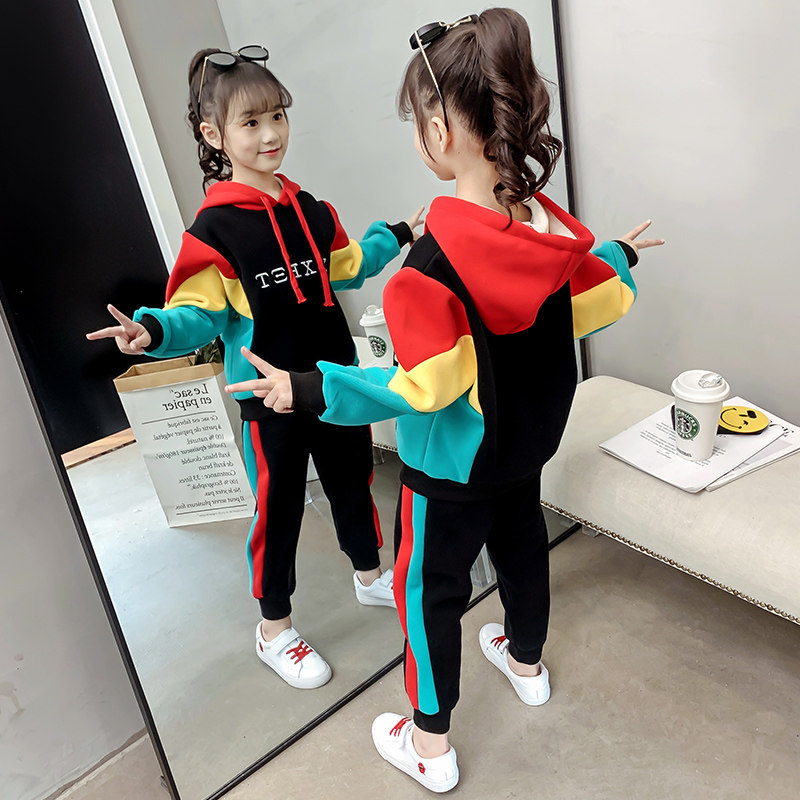 Girl Autumn Clothing Suit Han Van Tide Clothes 2021 New Girl Foreign Pie Autumn Winter Great Boy Necropolis Children Plus Suede Autumn Clothes