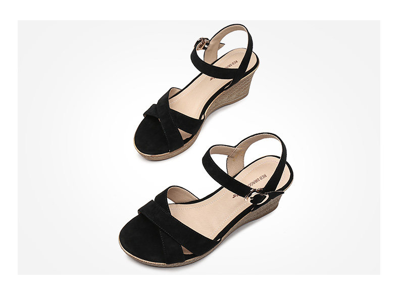 红蜻蜓 19年夏季新款 一字式扣 女式坡跟凉鞋 双重优惠折后￥129包邮 34~39码多色可选