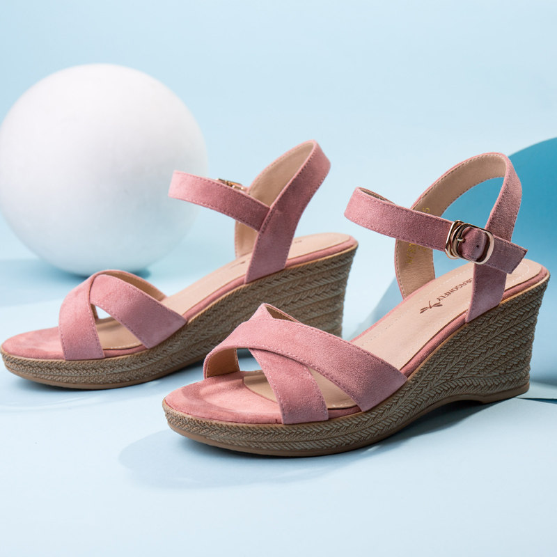 红蜻蜓 19年夏季新款 一字式扣 女式坡跟凉鞋 聚划算双重优惠折后￥99包邮 34~39码多色可选