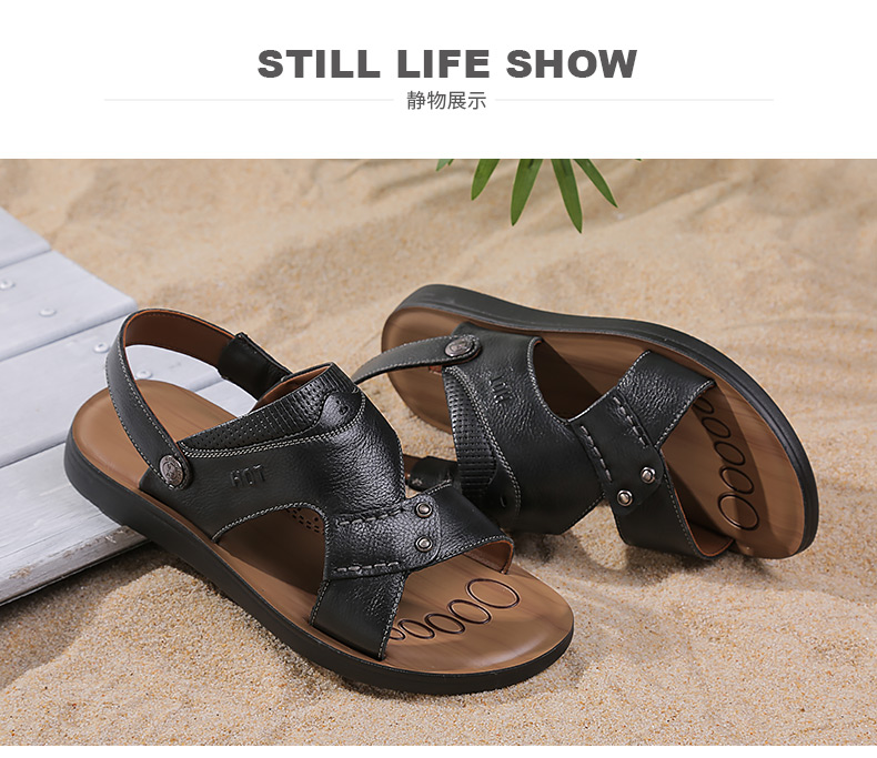 Hung Hom giày da bãi biển chính thức mùa hè sản phẩm mới hở mũi thoáng khí chống trượt hai mang giày sandal nam đi biển giày tây nam