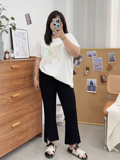 夏装胖mm九分裤女冰丝微胖微喇叭裤大码开叉显瘦200斤百搭裤子潮