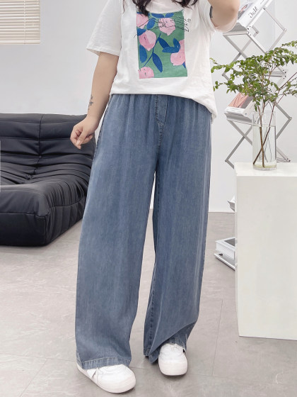 天丝牛仔裤女夏季薄款高腰胖mm大码显瘦冰氧吧垂感冰丝阔腿休闲裤