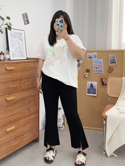 夏装胖mm九分裤女冰丝微胖微喇叭裤大码开叉显瘦200斤百搭裤子潮