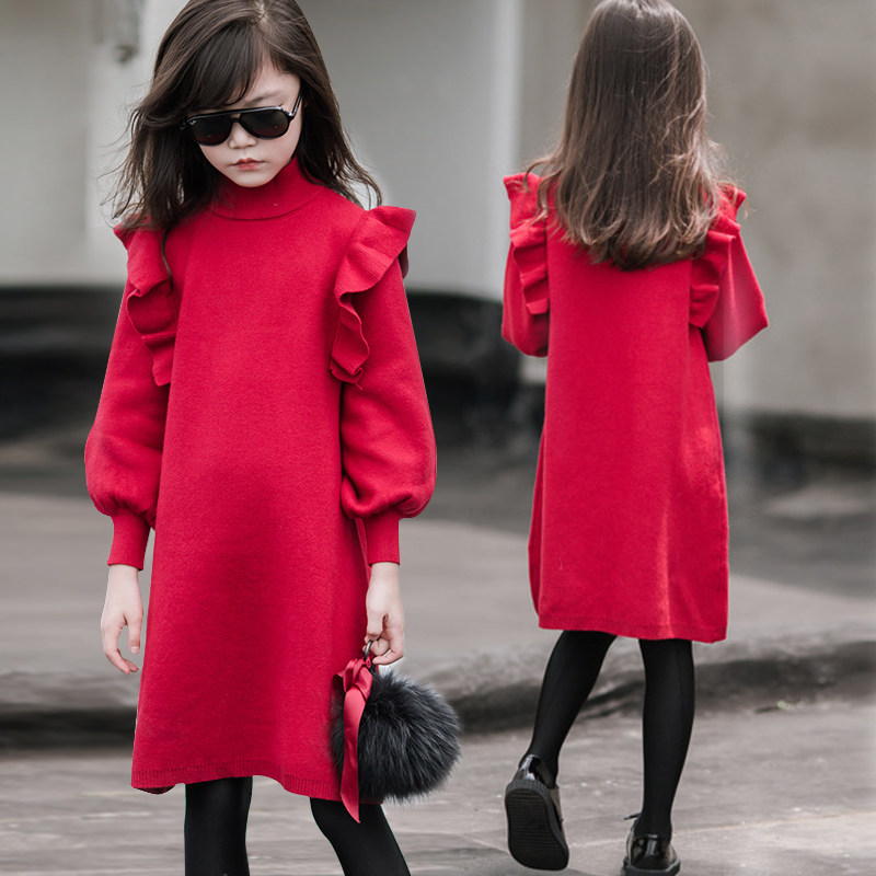 Girl Yang Yang Fashion Fashion Fashion Red Sweater Princess Dress Winter Paternity Clothing