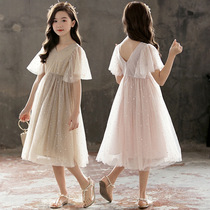 Girls summer V neckline dress with dress 2021 new CUHK Tong Han version Dew Back Bubble with Knees Princess Dress